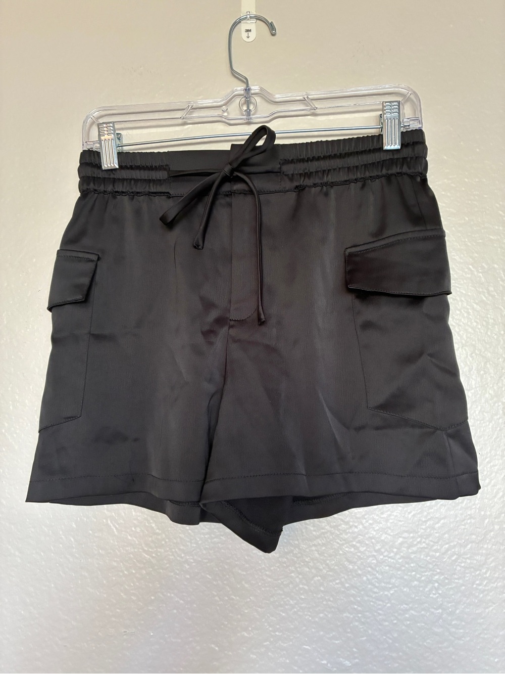 Zara Black Satin Cargo Shorts Drawstring Elastic Waist Size XS Chic Dressy